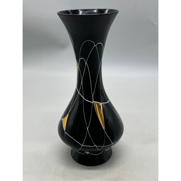 Vintage Black & Gold Art Deco Vase Abstract Design embossed fluted 9.5" READ - Picture 5 of 8